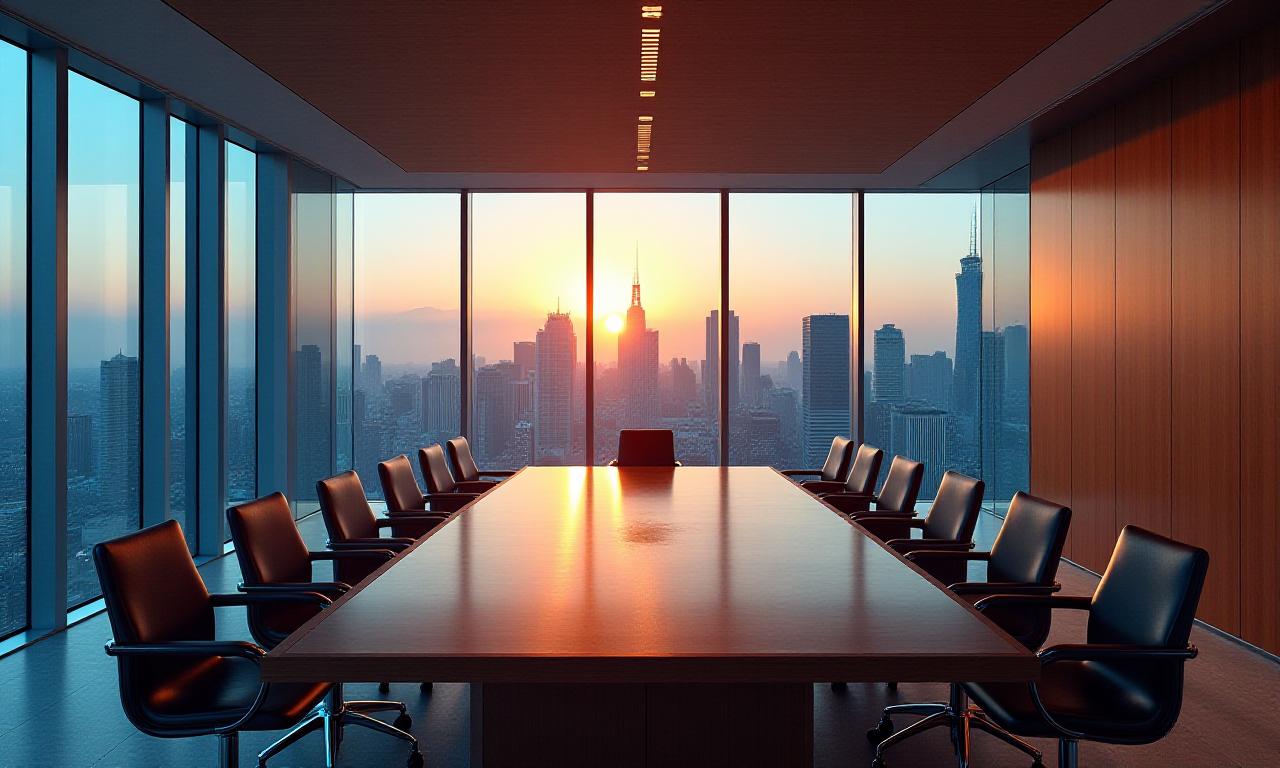 Sophisticated corporate boardroom with city views